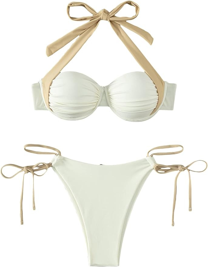 OYOANGLE Women's 2 Pieces Push Up Halter Bikini Set Tie Side Bottom Triangle Bathing Suit | Amazon (US)