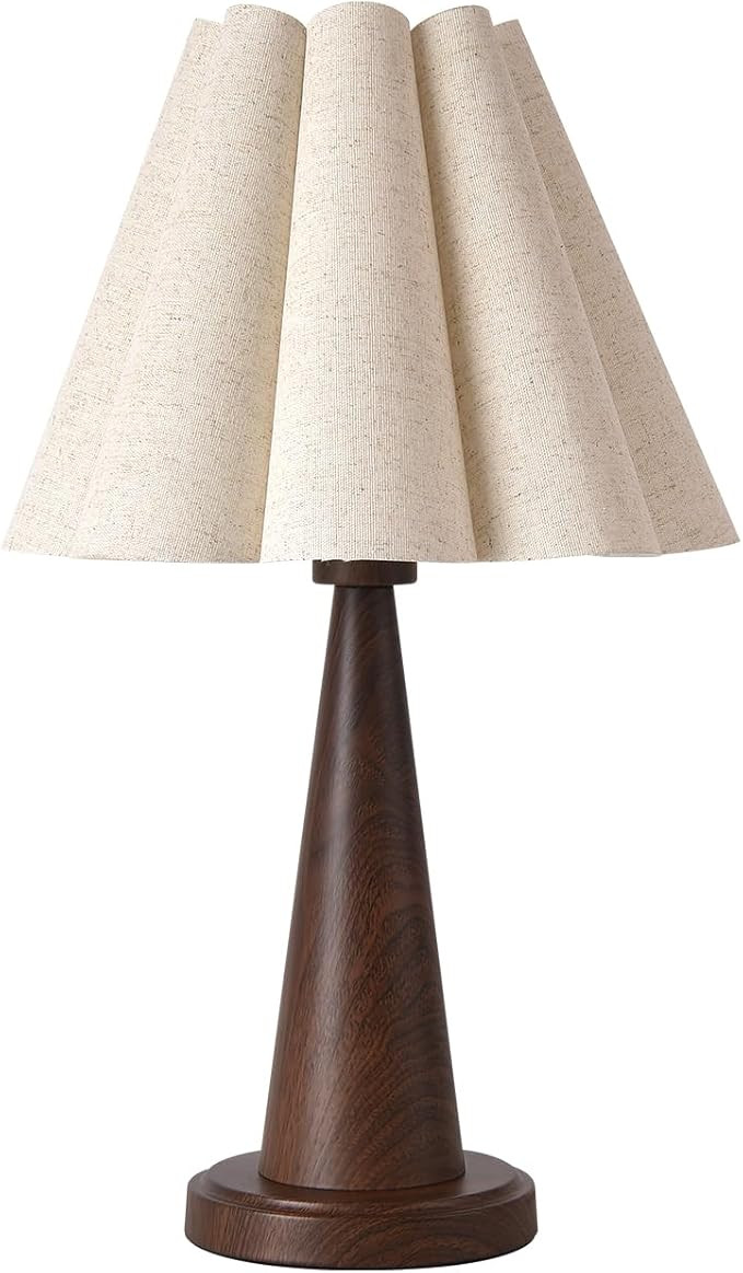 Modern Table Lamp with Petal Linen Lampshade, Dark Faux Wood Metal Base – 20.5” Bedside Night... | Amazon (US)