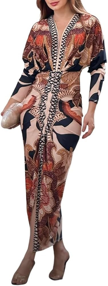 CHICME Women's Bodycon Long Sleeve Dress Casual Plunge V Neck Ruched Midi Dress 2025 Fall Bodycon... | Amazon (US)