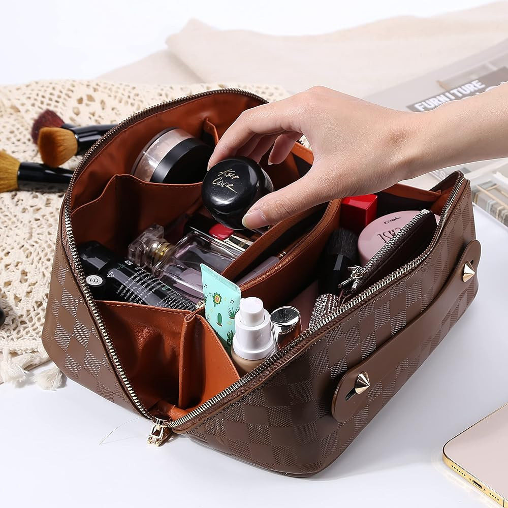 Large Capacity Travel Cosmetic Bag Plaid Checkered Makeup Bag Portable Leather Waterproof Skincar... | Amazon (US)