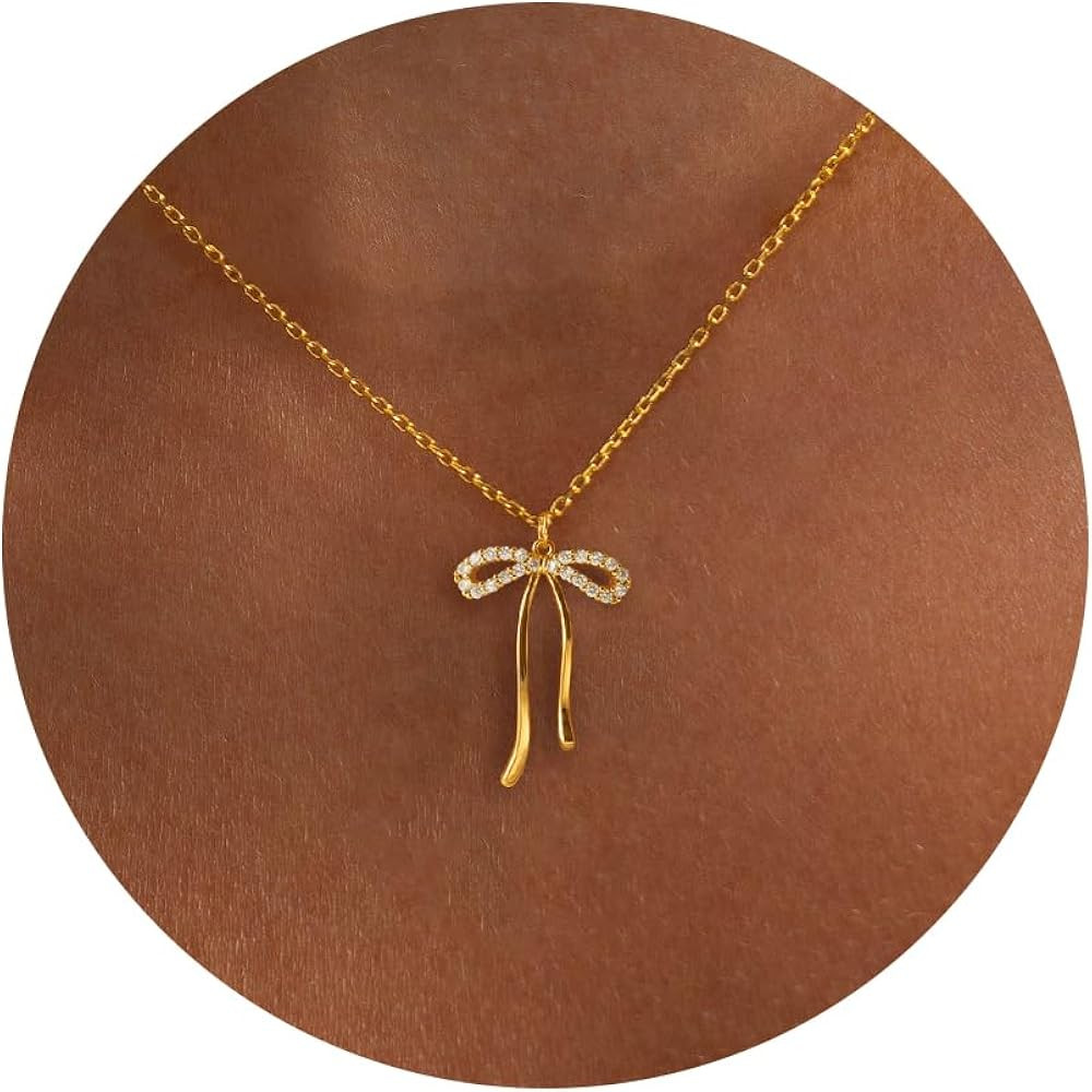 Gold Necklace for Women-14k Gold Plated Bow Necklace Cute Gold Ribbon Bow Necklace Simple Pretty ... | Amazon (US)
