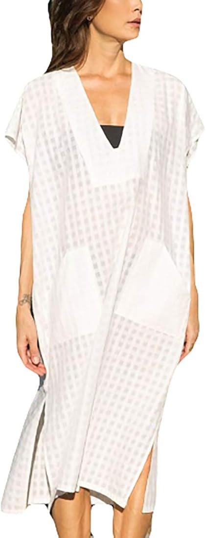 Bsubseach Women Plaid Swimsuit Cover Up V Neck Kaftan Dresses Caftan Maxi Dress | Amazon (US)
