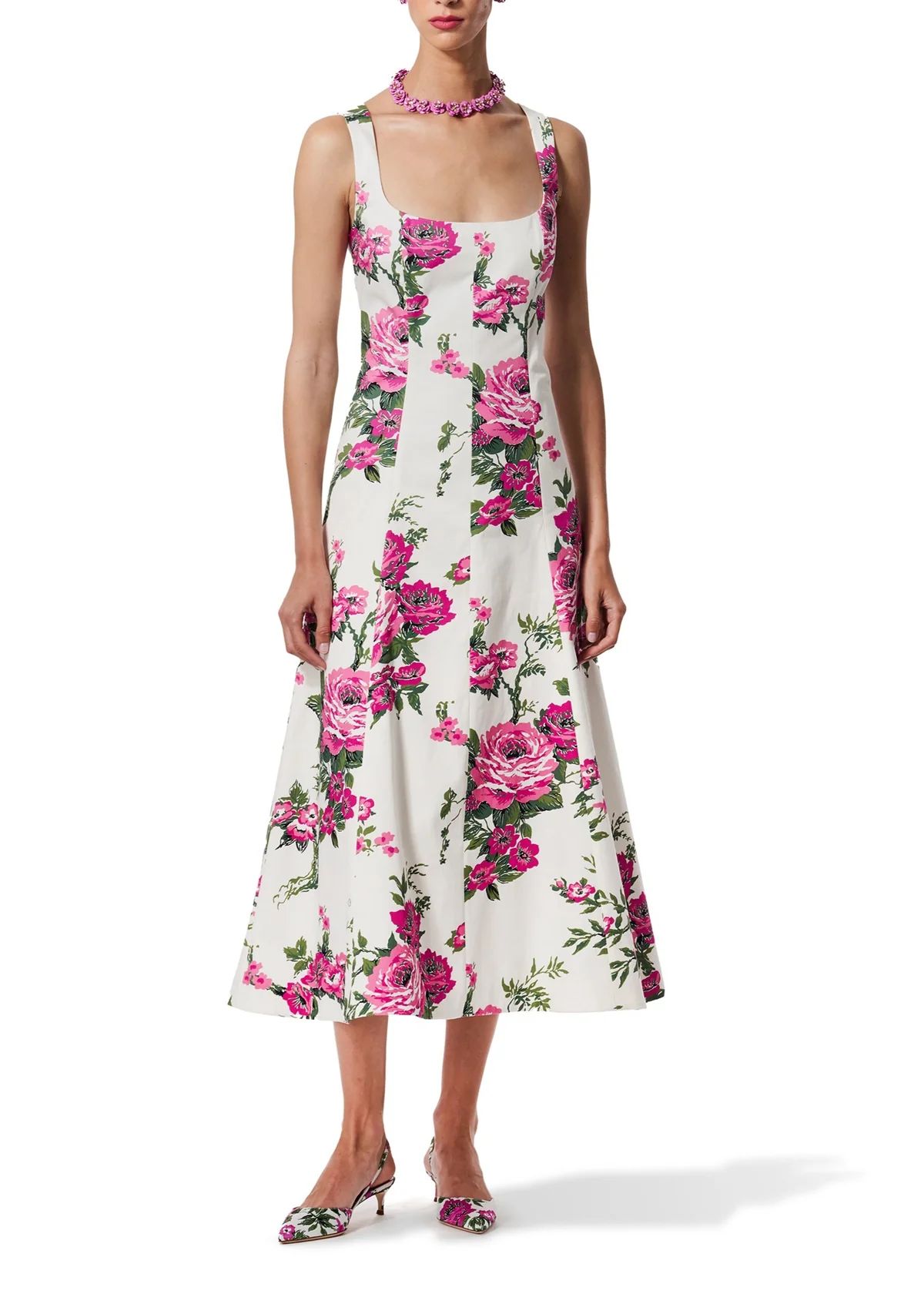 Floral Printed Cotton Square Neck Midi Dress | Over The Moon