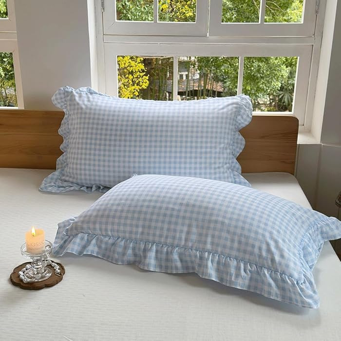 NSNLGSGC Light Blue Ruffled Plaid Gingham King Size Pillow Shams, Set of 2, 20"x36", Blue Checked... | Amazon (US)
