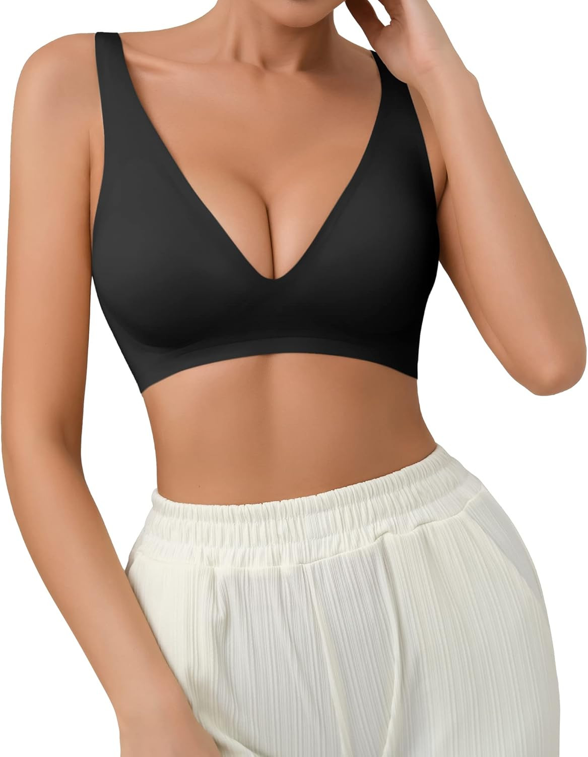 SHARICCA Pro Seamless Bra for Women Deep V Neck Wirefree Bra Adjustable Strap Comfort Sleep Bra R... | Amazon (US)