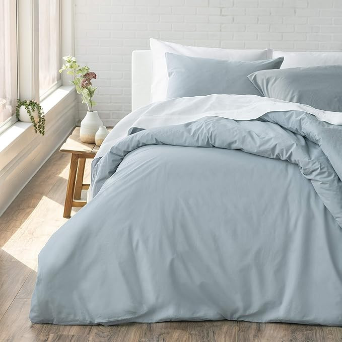 Welhome Cozy 100% Cotton Percale Washed Reversible Duvet Cover Set | Full/Queen Size (Chambray Bl... | Amazon (US)