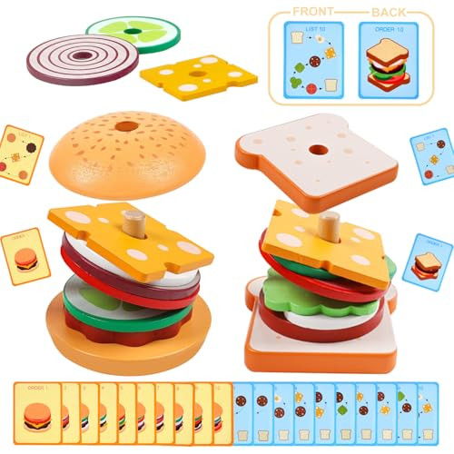 Wooden Burger Sandwich Stacking Toys, Montessori Toys for Toddlers Play Food Educational Preschool Learning Toys Christmas Birthday Gift Kids Toys for Boys Girls 3 4 5 Years Old (Set) | Amazon (US)