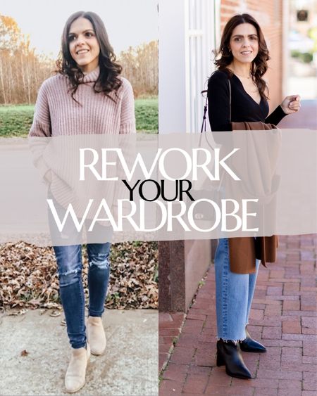 REWORK Your WARDROBE:
•oversized sweater for fitted (tts)
•skinny jeans for wide leg cropped (tts)
•ankle boots for higher shaft boot 

#LTKstyletip