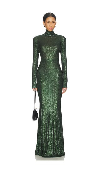 Long Sleeve Turtle Fishtail Gown in Dark Emerald | Revolve Clothing (Global)