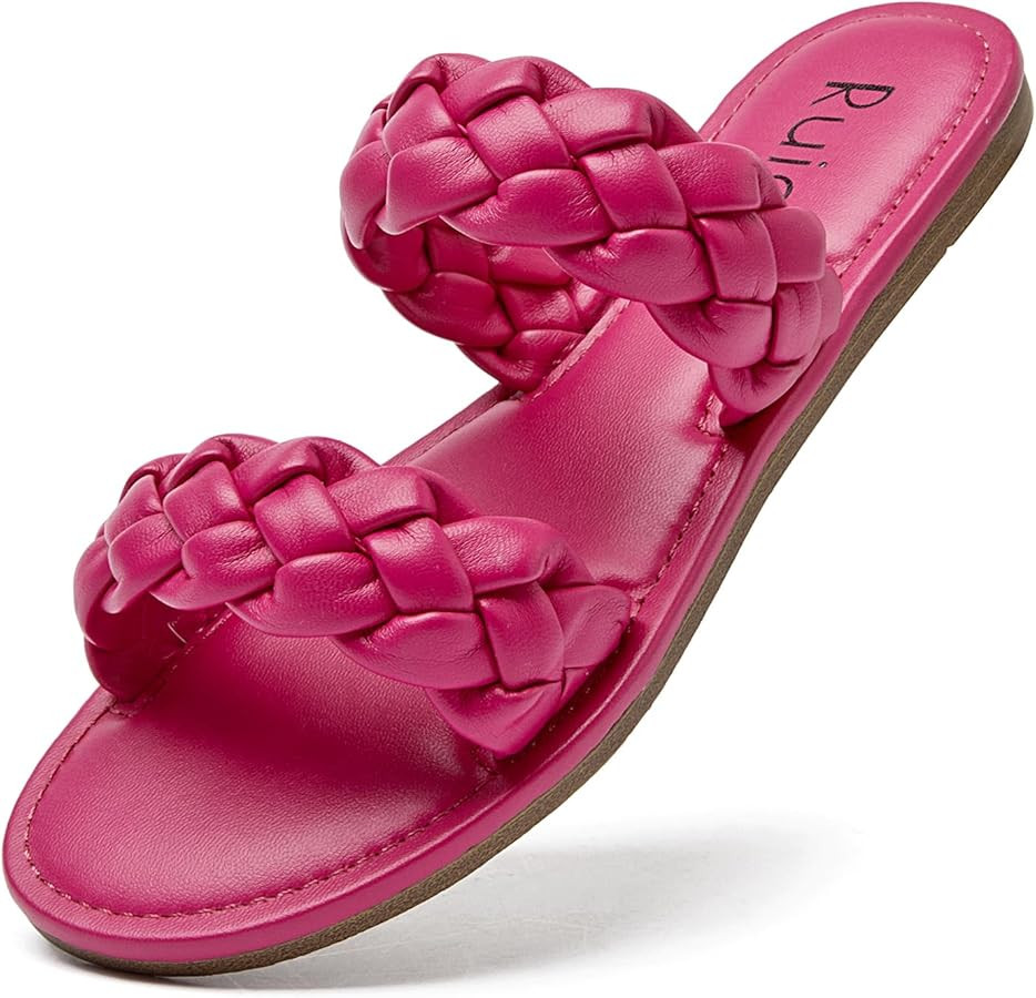 Women's Flat Slides Sandals, Round Open Toe Braided Strap Slippers Comfortable Casual Summer Beac... | Amazon (US)