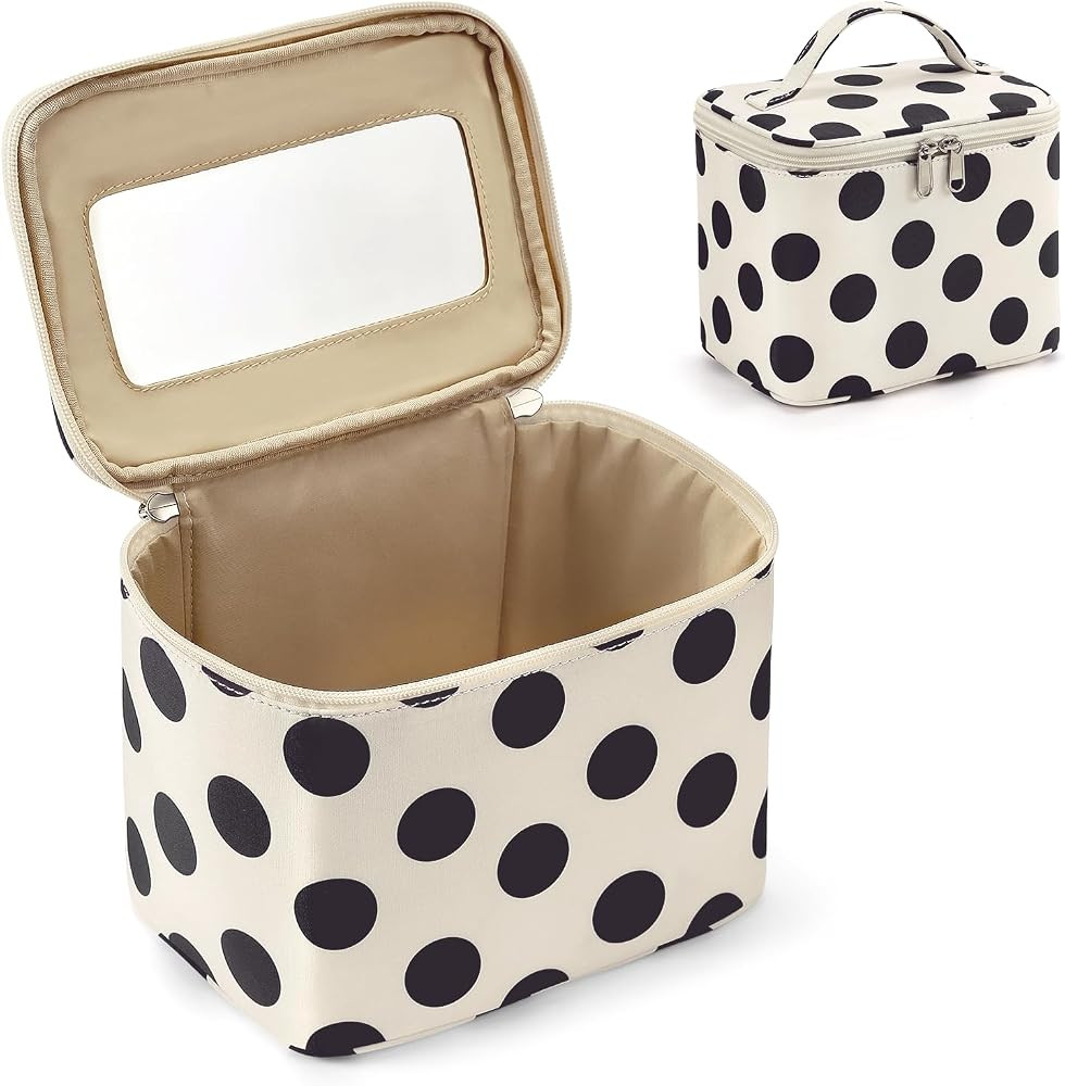 Polka Dots Makeup Bag with Built-in Mirror, Large Capacity Nylon Cosmetic Bag, Portable Travel To... | Amazon (US)