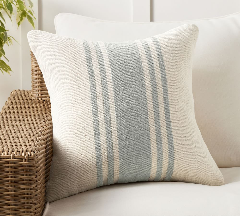Modern Farmhouse Striped Indoor/Outdoor Pillow, 20&amp;quot; x 20&amp;quot;, Chambray | Pottery Barn (US)