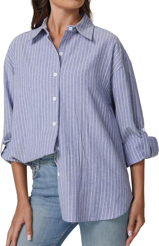 QINSEN Oversized Button Down Shirts for Women Long Sleeve Striped Casual Blouse Cotton Tops | Amazon (US)