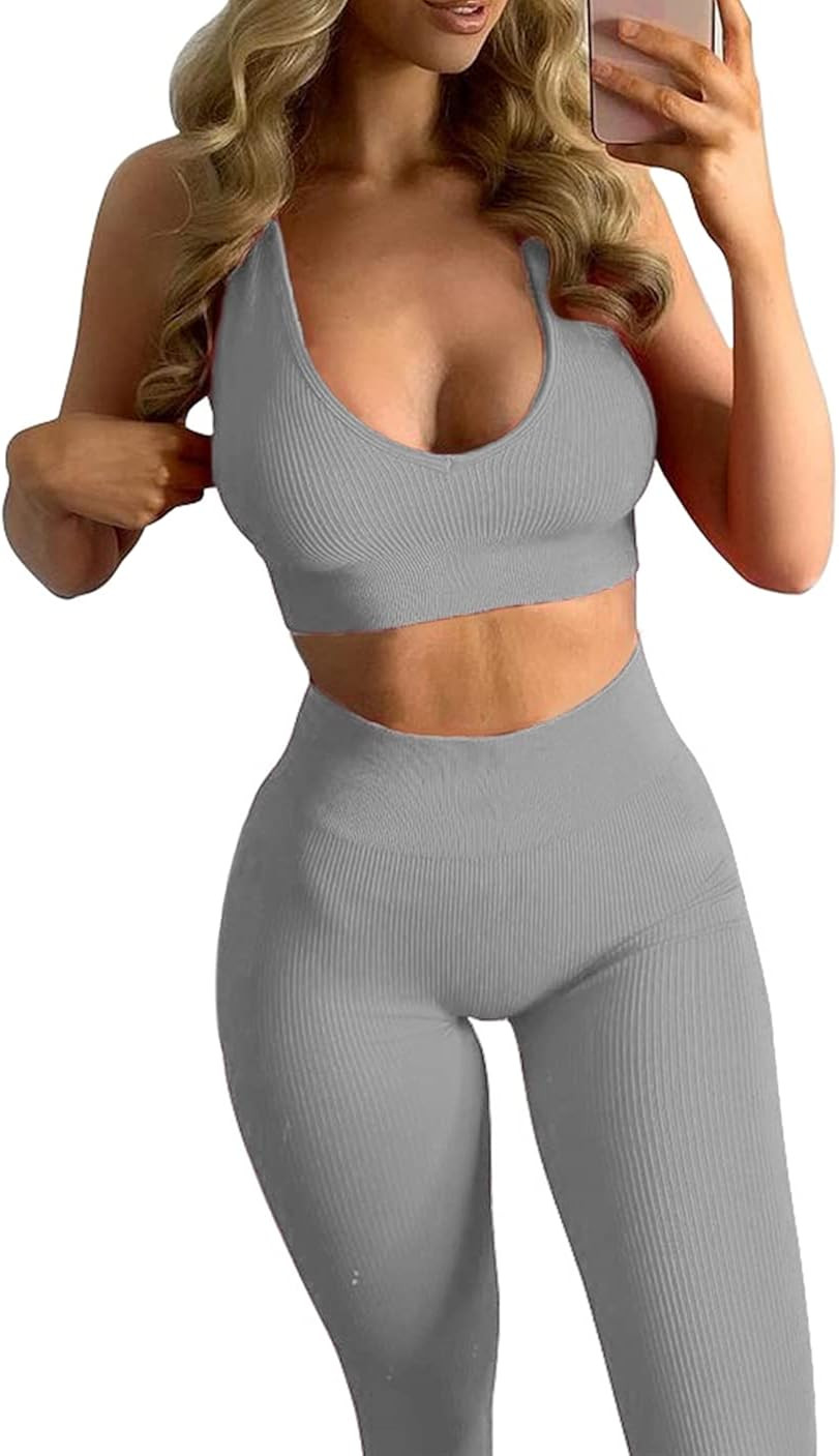 ESONLAR Seamless Workout Set for Women Ribbed Raceback Sports Bra High Waist Yoga Leggings Outfit... | Amazon (US)