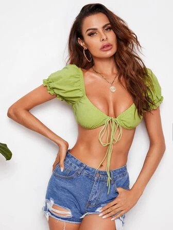 SHEIN WYWH Tie Front Solid Crop Milkmaid Top | SHEIN