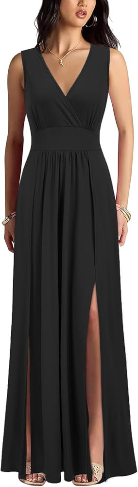 WOOSEA Women Sleeveless Deep V Neck Sexy Split Loose Plain Maxi Casual Long Dress | Amazon (US)