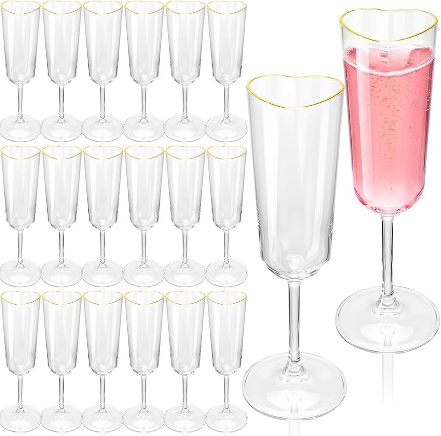 24 Pcs Valentine's Day Heart Shape Plastic Champagne Flute Glasses with Gold Rim Gift Set 5 oz El... | Amazon (US)