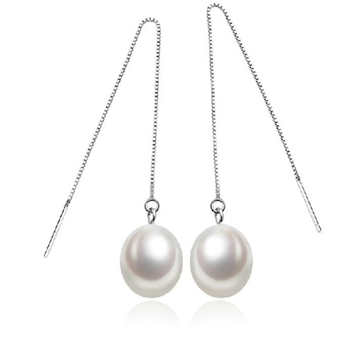 Rakumi Oval Freshwater Pearl Dangle Earrings Women Earrings Threader Dangle Drop Earrings | Amazon (US)