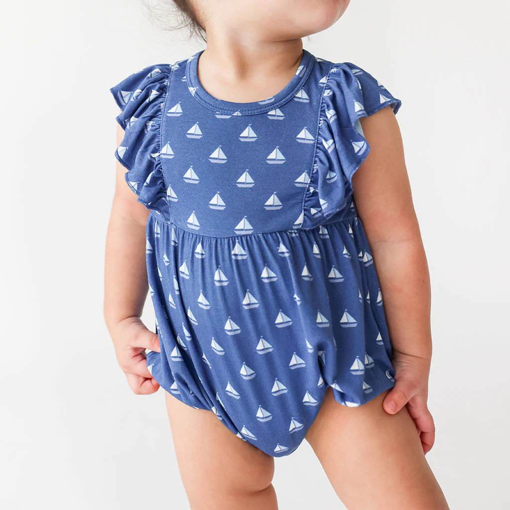 Sailboat Blue Sleeveless Bubble Romper | Mariner | Posh Peanut