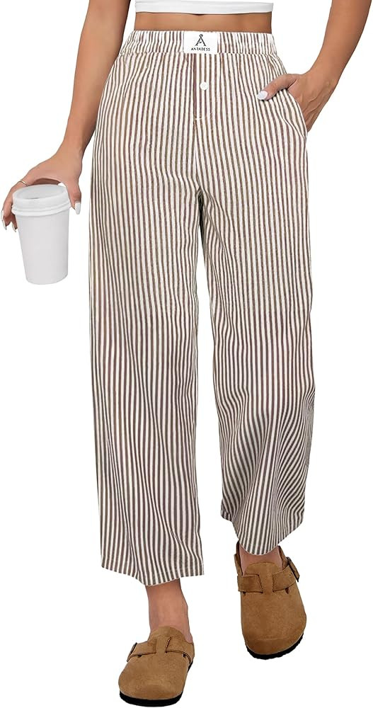 ANRABESS Womens Gingham Striped Pants, Palazzo & Cropped, Comfy & Cute, Lounge Pajama Plaid PJ Bo... | Amazon (US)