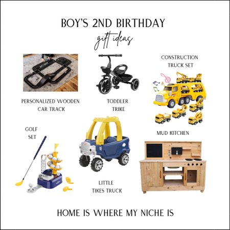 K I D S / a few ideas I’ve come across while creating a birthday gift list for Carter’s 2nd birthday 

+ personalized wooden car track set
+ toddler trike
+ little tike truck
+ mud kitchen
+ play house 
+ golf set
+ construction toys
+ bath crayons

Amazon | Walmart | Etsy | Canada 

#LTKfamily #LTKkids #LTKGiftGuide