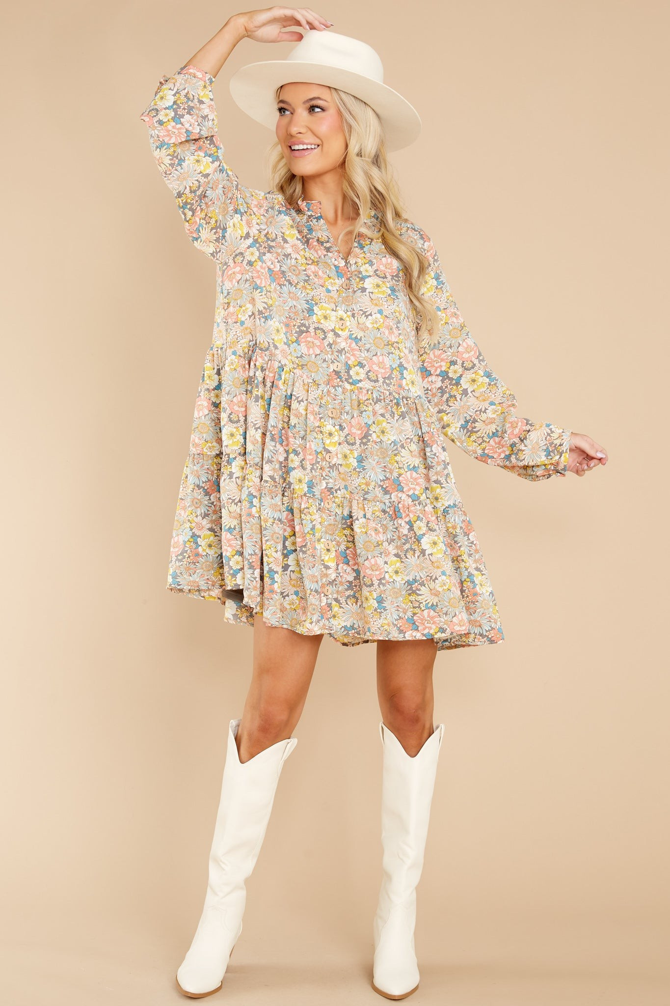 Delighted By You Ivory Multi Floral Print Dress- Rodeo Outfit | Red Dress 