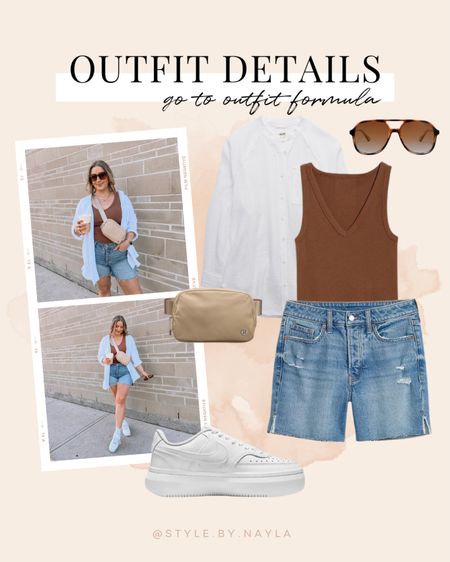 Simple neutral midsize outfit - oversized white button up shirt, long denim shorts, brown tank top, white sneakers, belt bag (also linked amazon look for less!)


#LTKmidsize #LTKSeasonal #LTKstyletip
