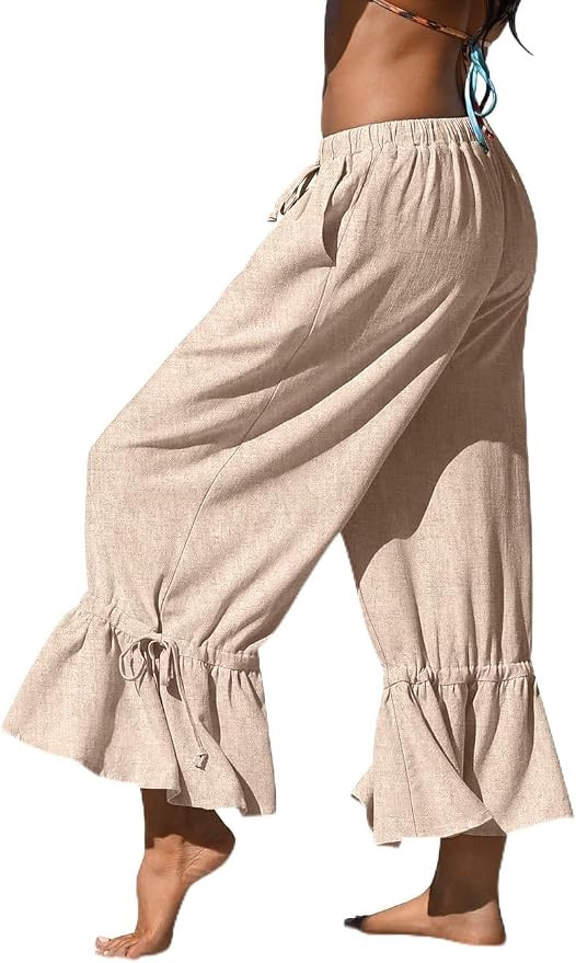 TARSE Womens Linen Wide Leg Pants Ruffled Casual Drawstring with Pockets | Comfortable & Lightwei... | Amazon (US)