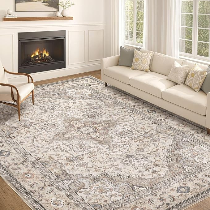 Washable Area Rugs for Living Room -10x12 Neutral Vintage Distressed Floral Farmhouse Boho Large ... | Amazon (US)