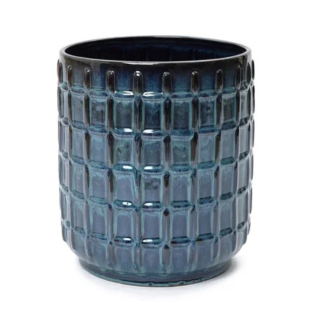 LuxenHome 14" Tall Ceramic Planter Pot for Indoor Outdoor Plants with Geometric Texture, Large Garden Plant Pots with Drainage Hole, Blue | Walmart (US)