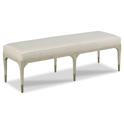 Woodbridge Juliet French Country White Upholstered Linen Beige Oak Wood Bench | Kathy Kuo Home