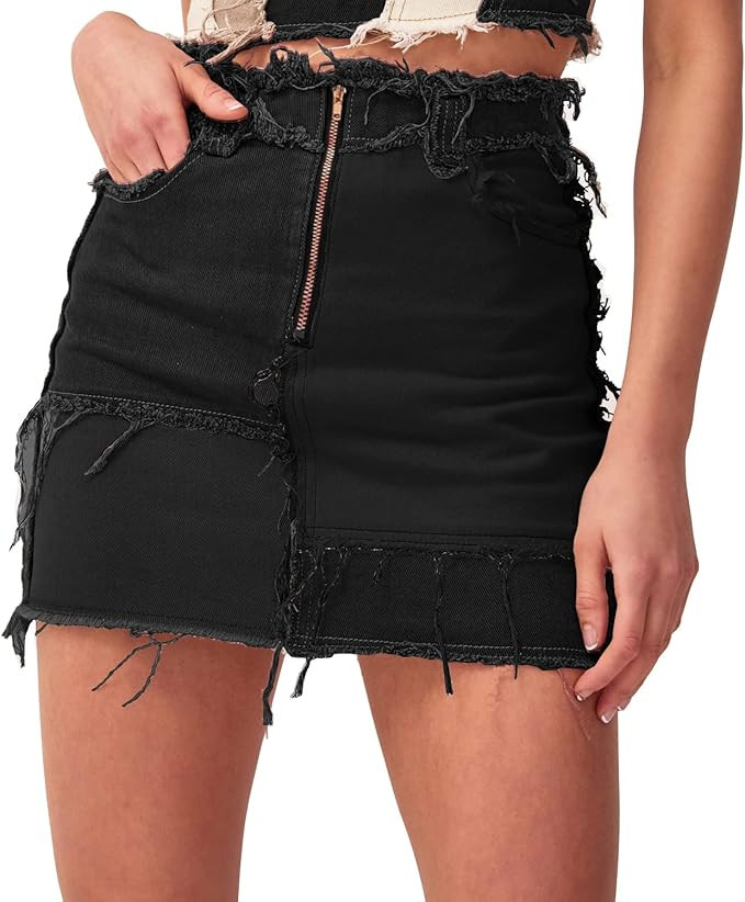 Tulucky Womens Fashion Mid-Rise Color Blocking Patchwork Ripped Stretch Denim Skirts | Amazon (US)