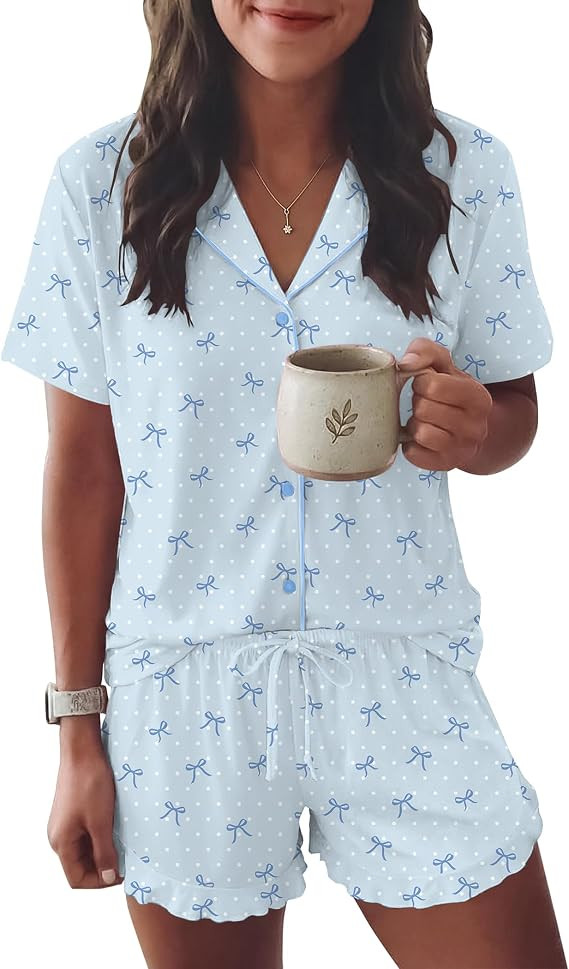 Ekouaer Womens Pajama Sets Button Down Short Sleeve Top and Shorts Cute Ruffled Pjs Sets Sleepwea... | Amazon (US)
