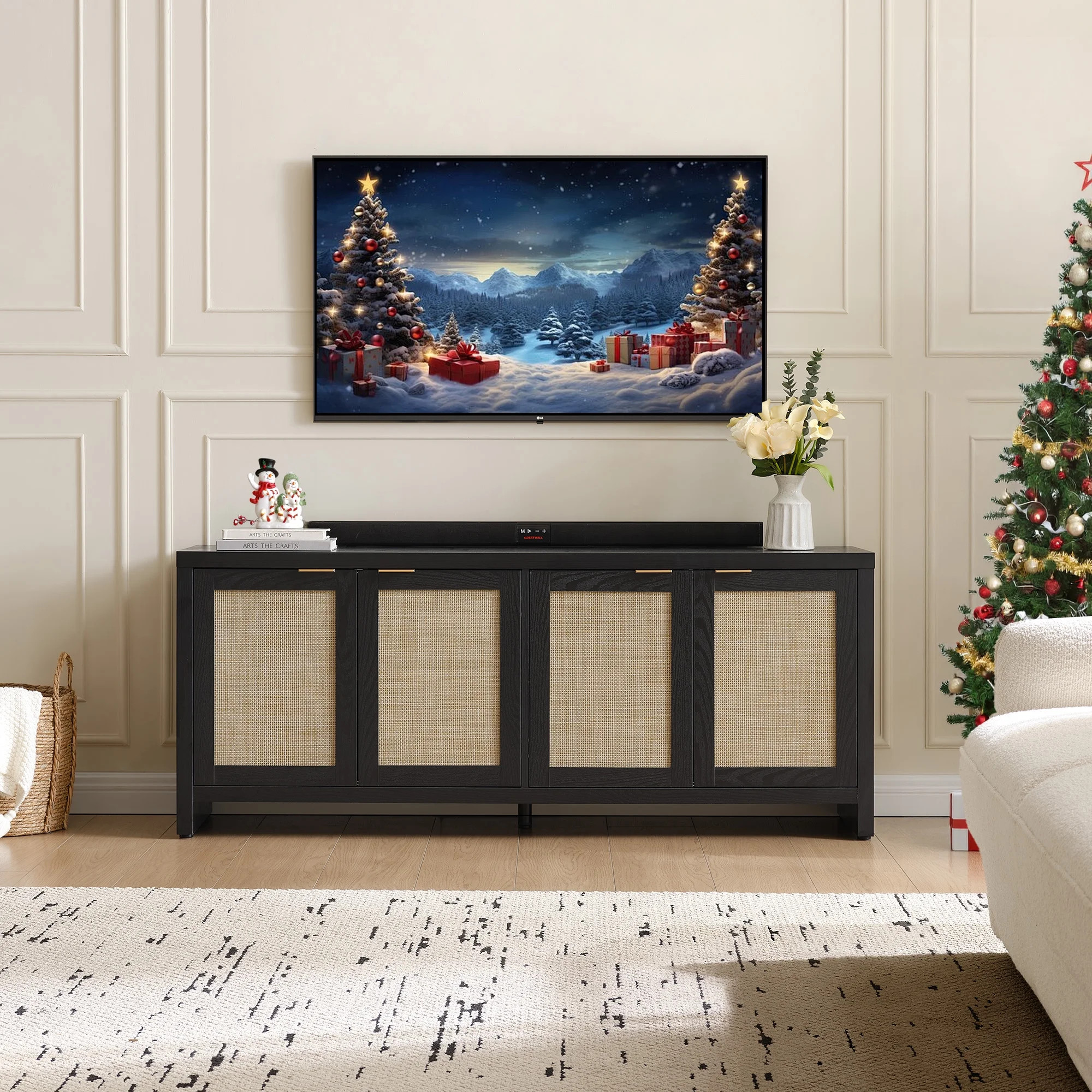 SICOTAS 61.5"W Rattan TV Stand with 4 Doors– Large Boho Farmhouse TV Cabinet Media Console with... | Walmart (US)