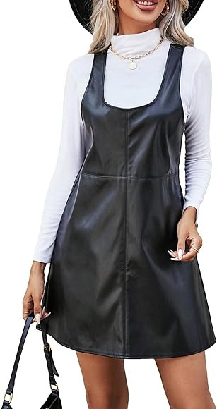 SHENHE Women's PU Leather Scoop Neck Sleeveless Pinafore Overall Mini Dress | Amazon (US)