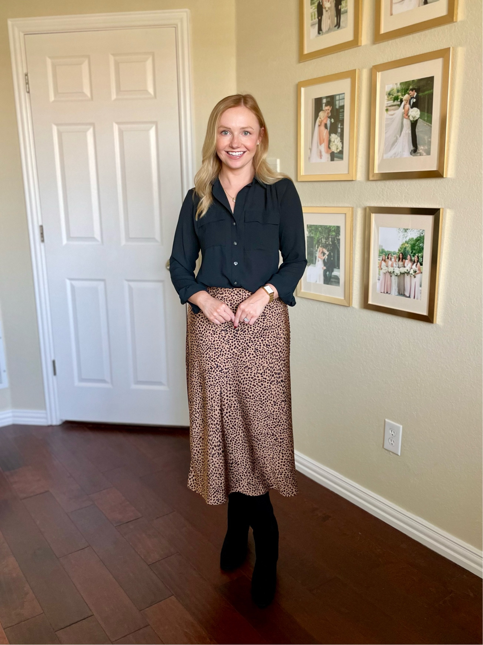 Wearing an XS in top and skirt | leopard skirt, cheetah skirt, black button down, workwear 

#LTKWorkwear #LTKSeasonal #LTKStyleTip