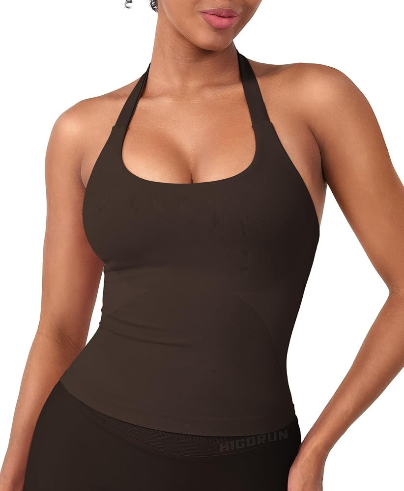 HIGORUN Women Halter Impact Tank Tops with Built in Bras Longline Crop Top | Amazon (US)
