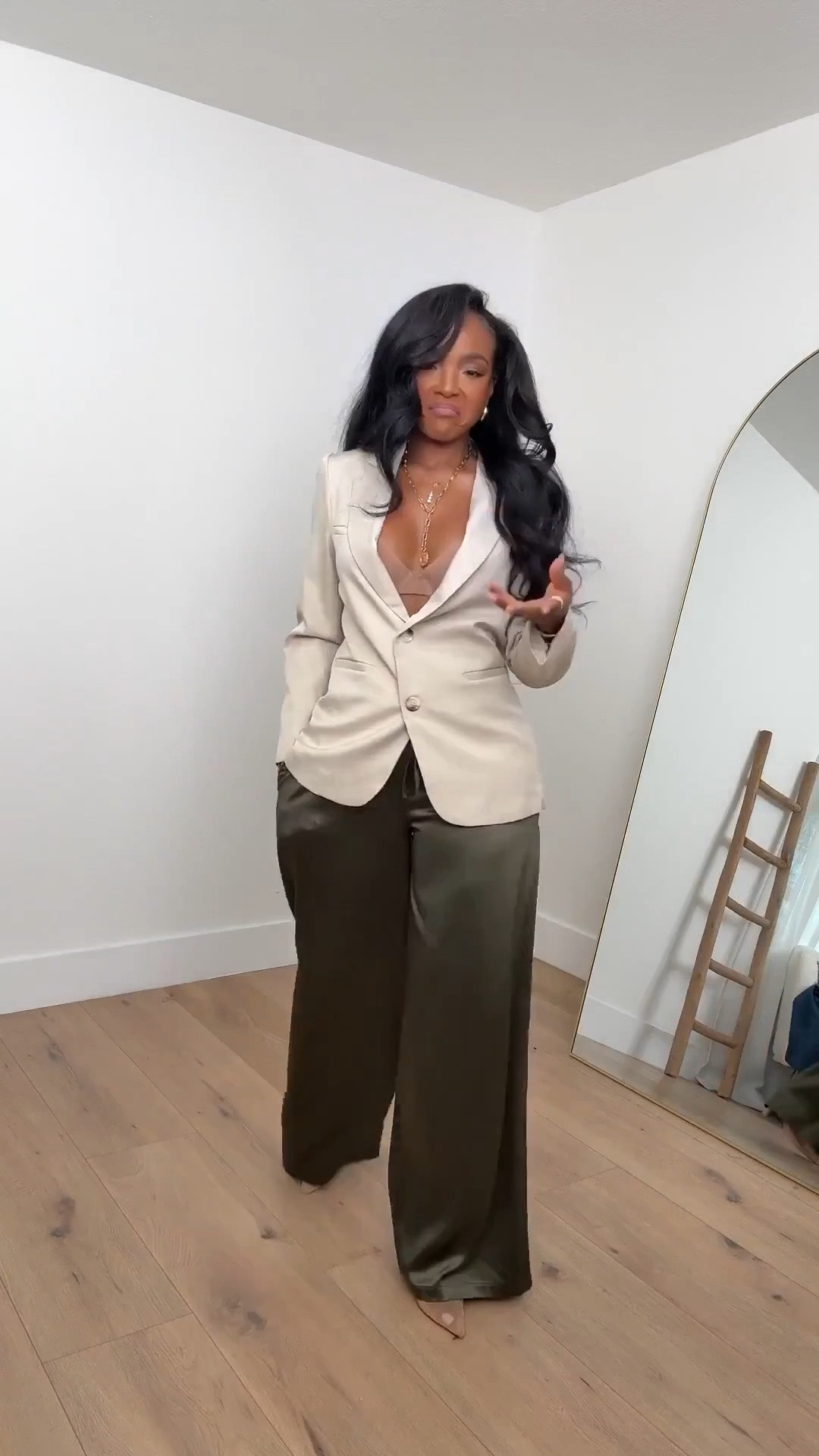 Neutral luxe ✨  
A chic beige blazer layered over satin olive trousers for the perfect balance of structure and flow. Styled with nude heels, gold jewelry, and a tan top-handle bag for a polished, sophisticated finish.  

Perfect for dinner, date night, or a sleek business casual look.  

📏 Sizing: Wearing size small | Blazer fits true to size | Pants have a relaxed, drapey fit with a satin finish.  

neutral outfit ideas, satin pants outfit, beige blazer look, elevated chic outfit, fall date night style, capsule wardrobe essentials, effortless classy outfit.  



#LTKStyleTip #LTKvlog #LTKgrwm