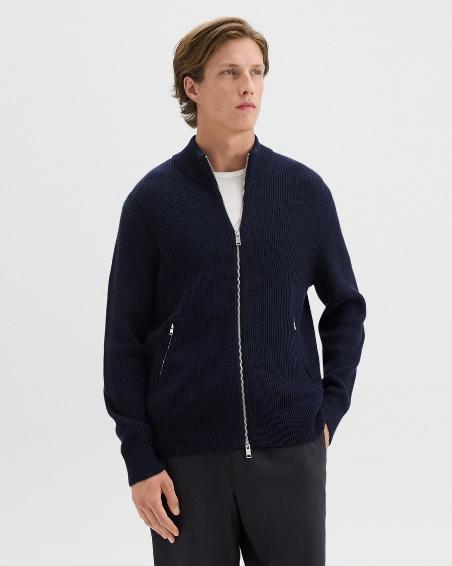 Ribbed Zip-Up Cardigan in Merino Wool | Theory