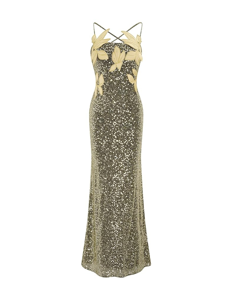 JW PEI Women's Araminta Sequined Gown with Floral Details - Gold | Amazon (US)