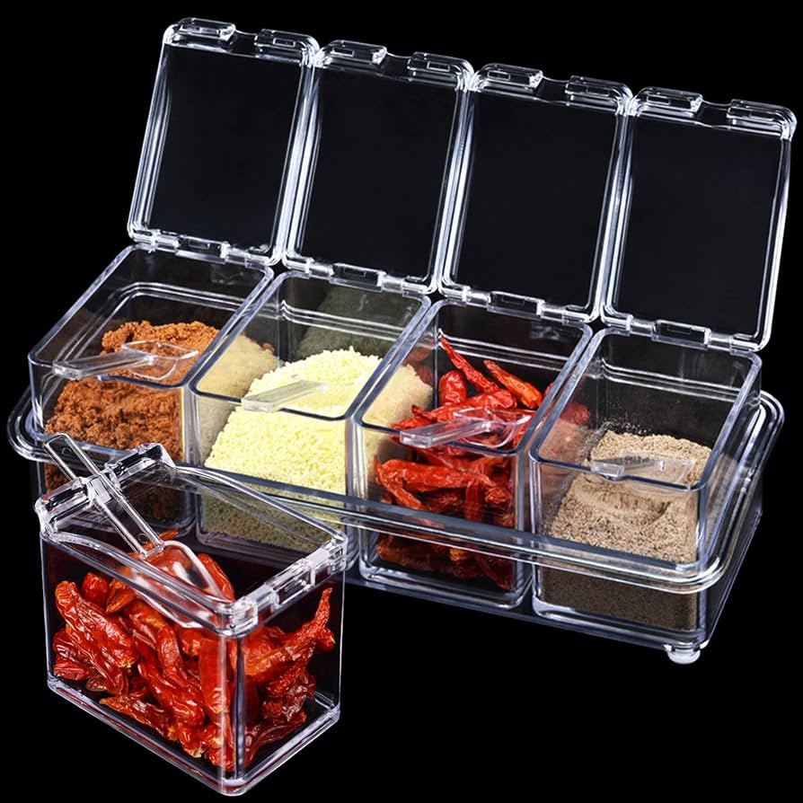 4 PCS Seasoning Box, Clear Acrylic Spice Pots with Cover and Spoon, Kitchen Storage Container Con... | Amazon (US)