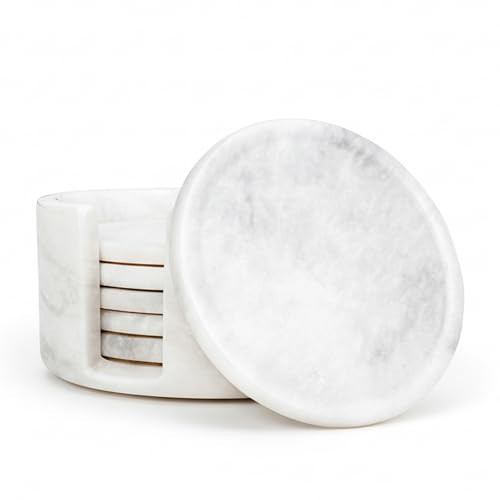 UrbanFocal Marble Coaster Set of 6-3.7" Round Marble Drink Coasters, Non-Slip Backing, Office Protect Tables from Stains and Scratches, White | Amazon (US)