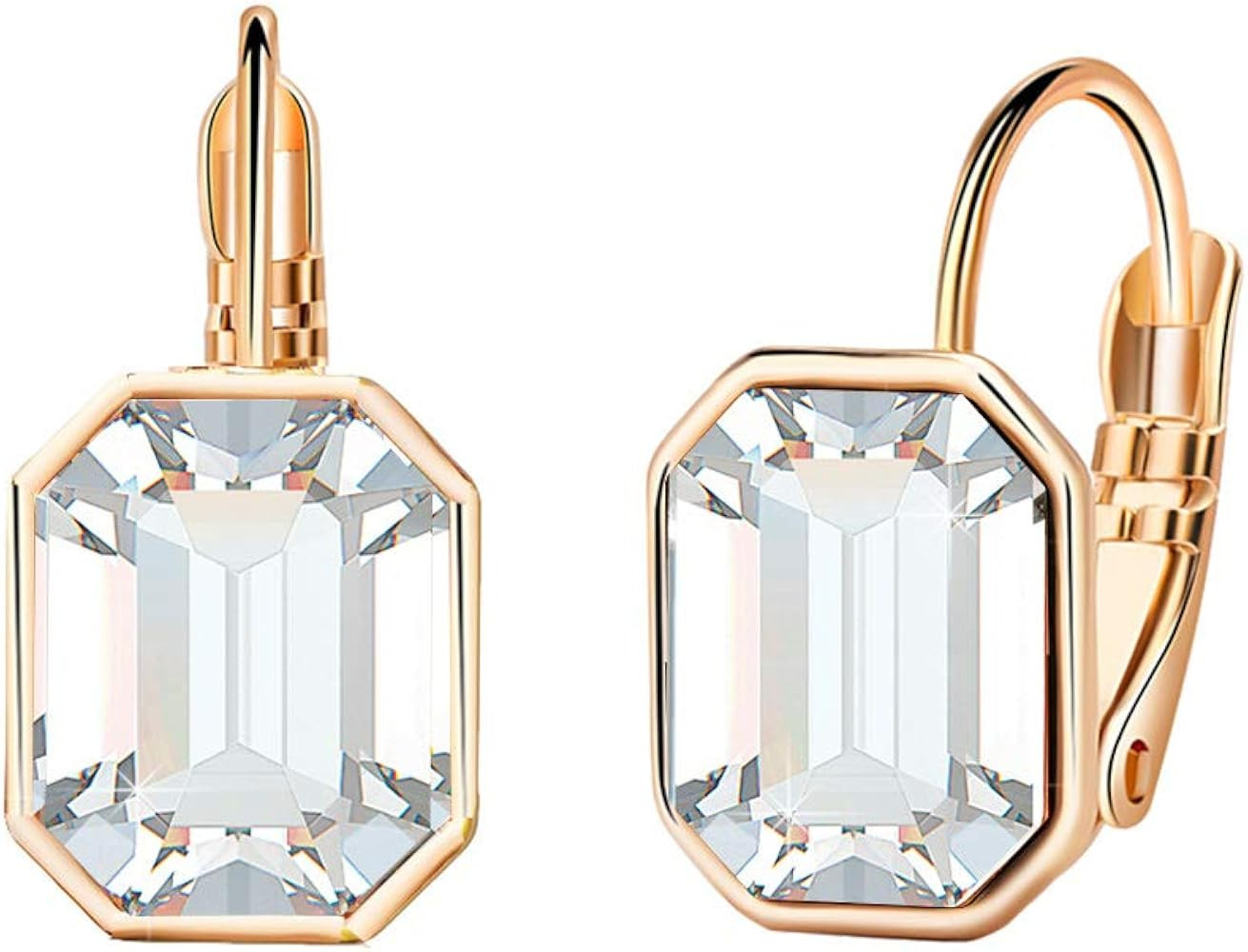 Austrian Crystal Octagon Leverback Drop Earrings for Women 14K Rose Gold Plated Hypoallergenic Je... | Amazon (US)