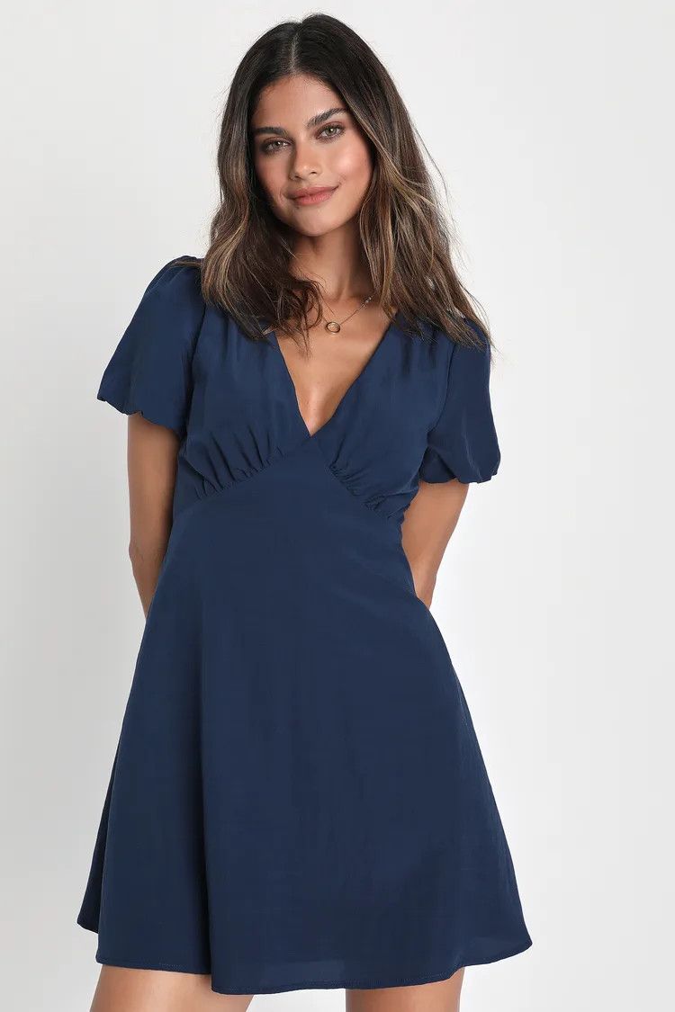 Navy Puff Sleeve Tie Back Dress With Pockets | Navy Blue Summer Dress Casual | Summer Dresses 2023 | Lulus (US)