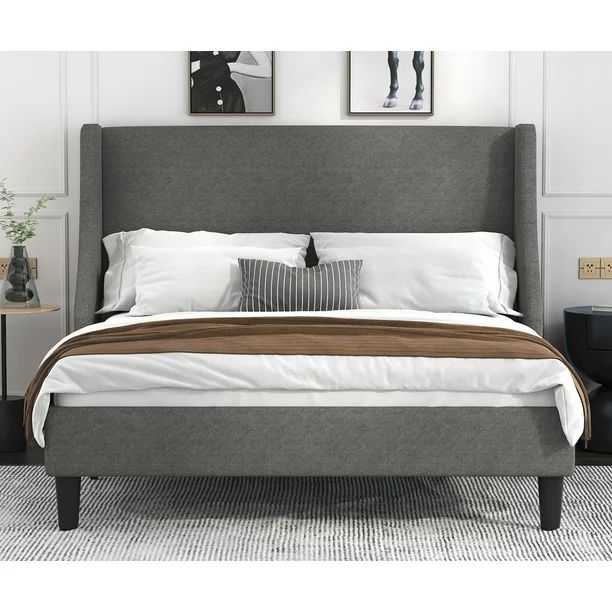 Allewie Queen Size Fabric Upholstered Platform Bed Frame with Wingback Headboard, Light Grey | Walmart (US)