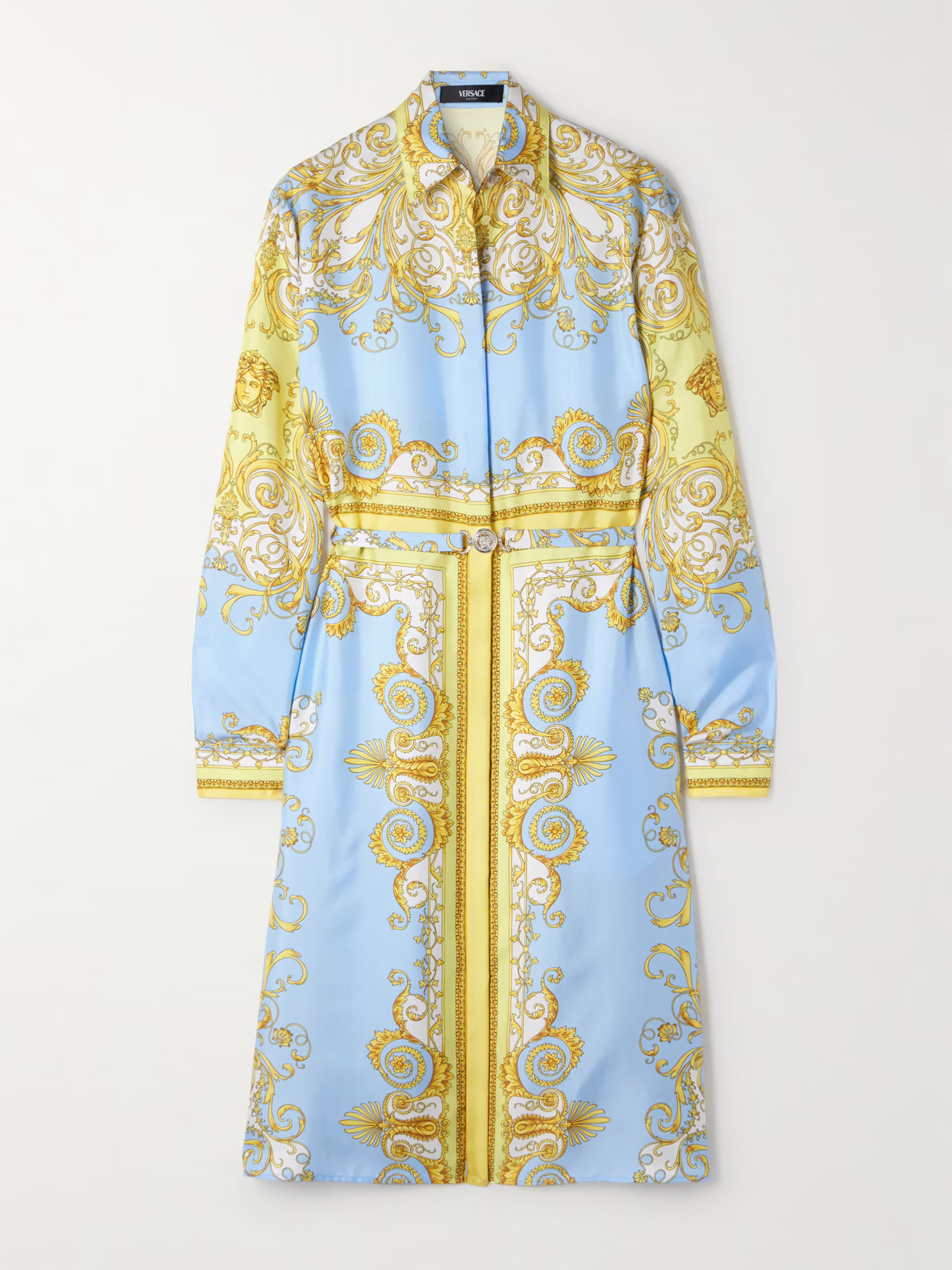 Versace - Belted Printed Silk-twill Dress - Blue | NET-A-PORTER (US)