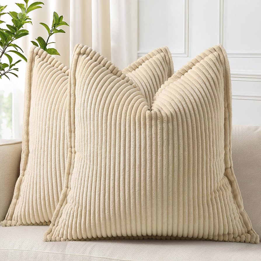 decorUhome Corduroy Beige Throw Pillow Covers 18x18 Set of 2 Decorative Soft Striped Neutral Farm... | Amazon (US)