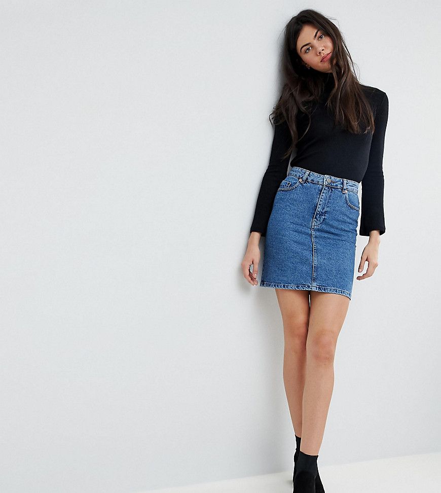 ASOS DESIGN Tall denim original high waisted skirt in midwash blue - Blue | ASOS US