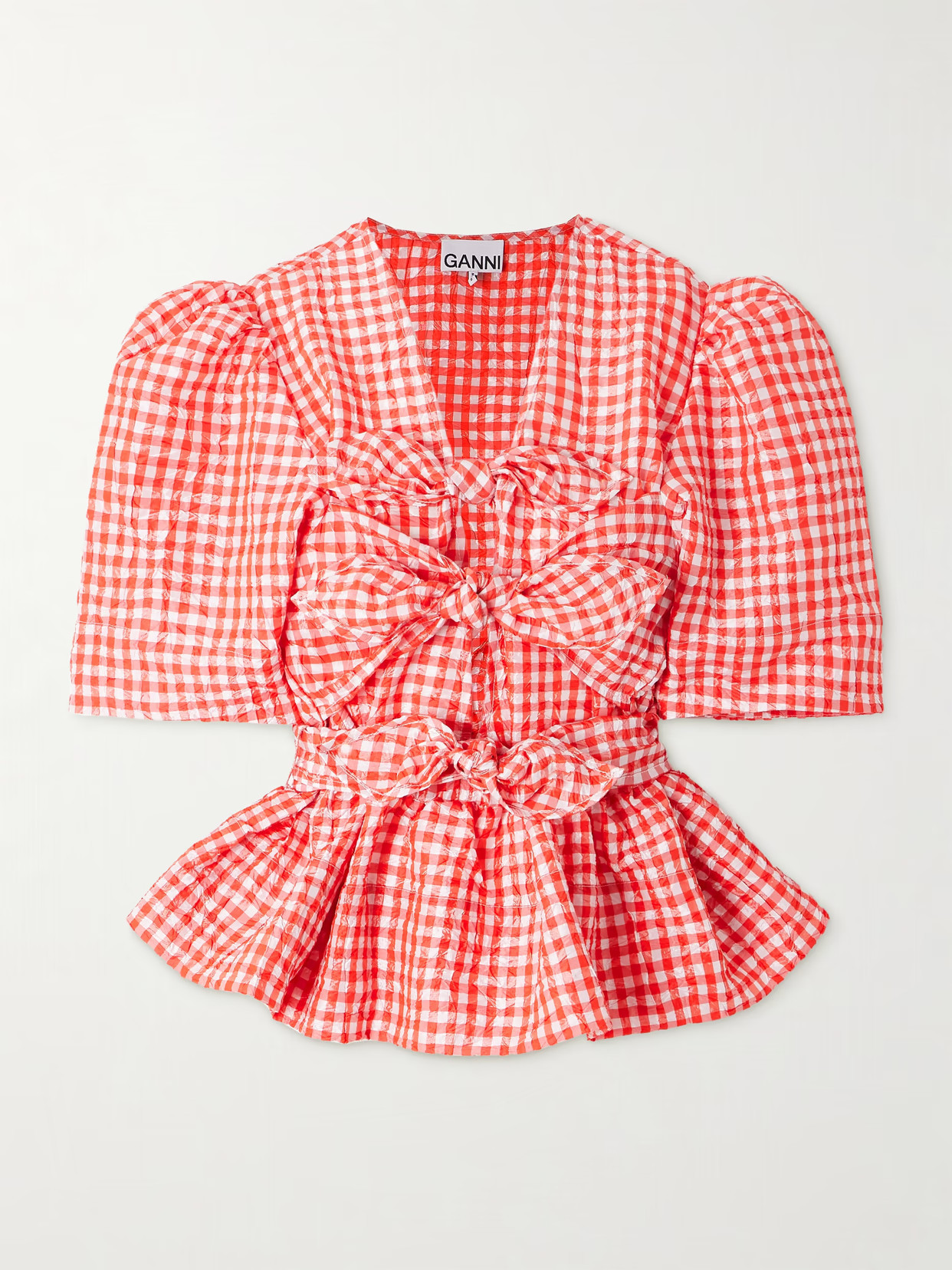 GANNI - Bow-detailed Gingham Crinkled-taffeta Peplum Blouse - Red | NET-A-PORTER (UK & EU)