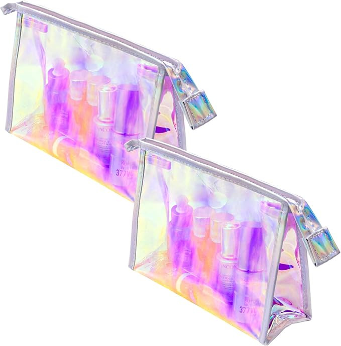 Zwish 2Pack Holographic Makeup Bags Bulk, Iridescent Pouch Portable Zippered Toiletry ， Travel ... | Amazon (US)